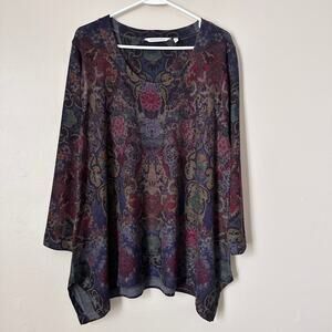 Soft Surroundings Knit Tunic Petite LARGE Black Floral Lagenlook Boho Cottage